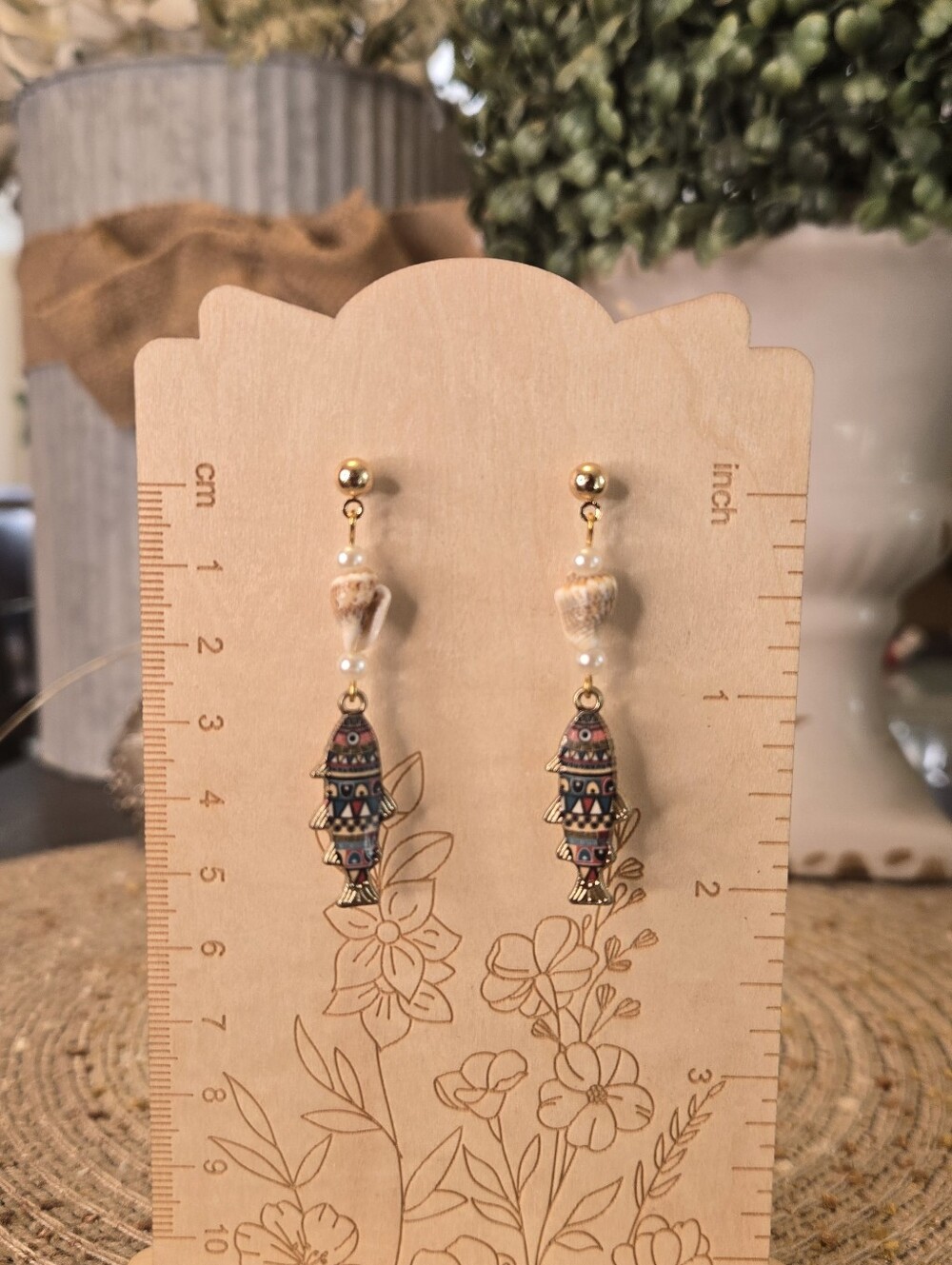 Gold Tone Fish Earrings With Shell